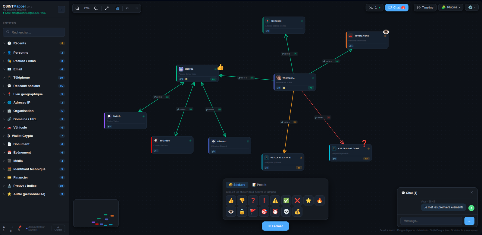 Le graphe d'une enquête OSINTMapper : entités reliées, panneau des catégories et barre d'outils